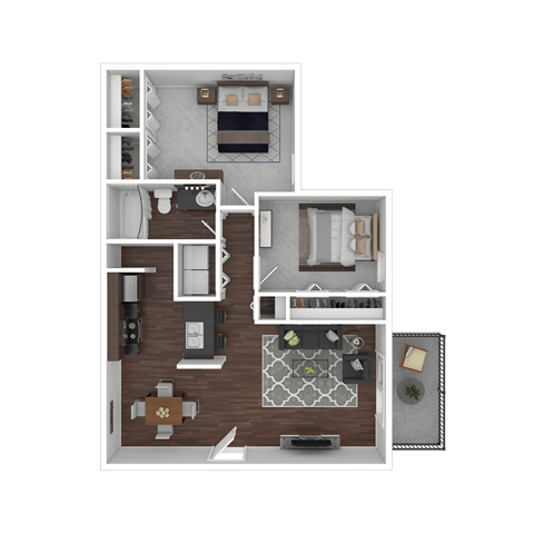 Floor plan for 2 beds, 1 bath, 863 sqft
